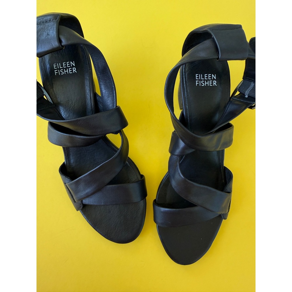 Eileen Fisher Black Leather Strappy Block Heel Sandals Vero Cuoio Italian 8.5 - Picture 2 of 8